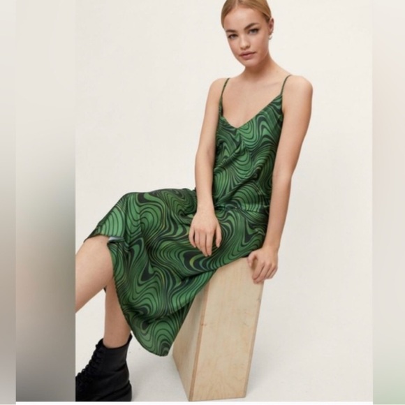 Zara Lara Psychedelic v-neck satin green Midi Slip Dress XL - Picture 3 of 13